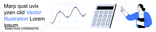 Data analysis, financial planning, education, technology, customer support, business strategy. Graph with line, calculator and professional woman pointing. Data analysis and financial planning theme