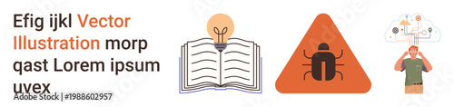 Education, cybersecurity, digital innovation, problem-solving, technology awareness, human insight. Open book, warning triangle and person thinking. Education and cybersecurity concept