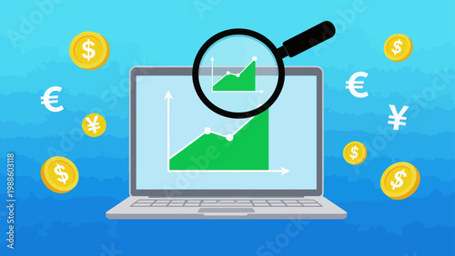 Laptop with magnifying glass over financial graph