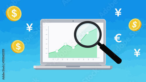 Laptop with magnifying glass on financial graph