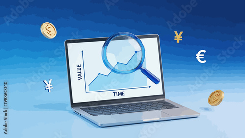 Laptop with magnifying glass on financial graph