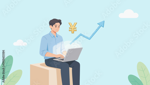 Man working on laptop with growth symbol