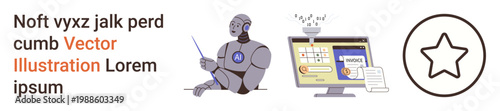 Artificial intelligence, user experience, authentication, education, software development, rating systems. Robot pointing to a screen and a star outline. AI and user experience visualization