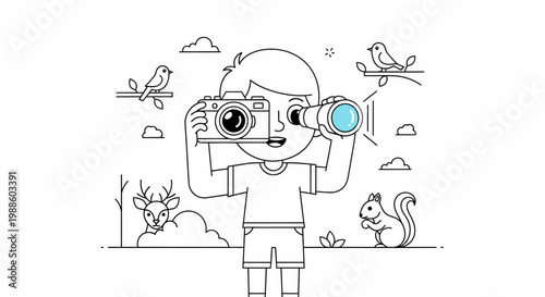 A young boy takes a photo with a camera in a scenic outdoor setting with a squirrel and various birds.