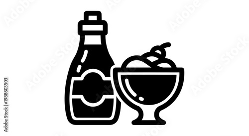 Bottle and bowl of soy sauce.