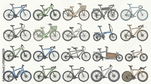 Comprehensive collection of various bicycle types including road bikes mountain bikes city cruisers tandem bikes cargo bikes and electric cycle vector
