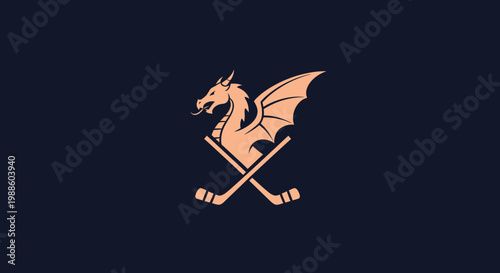 Minimalist dragon mascot logo with crossed ice hockey sticks