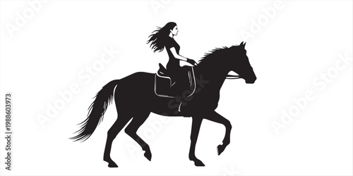 Black silhouette of a graceful woman with long flowing hair riding a galloping horse isolated on white background for equestrian and freedom concepts (24 words)