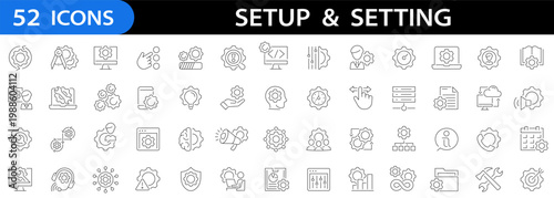 Setting and setup 52 icon set. Processing. Logo. Operation. Template. Tools. Control. App. Design. Editable stroke. Vector illustration