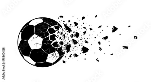 Shattered soccer ball exploding into pieces.