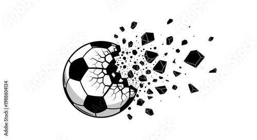 Shattered soccer ball explodes into pieces.
