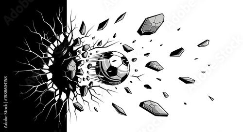 Black and white illustration of a soccer ball exploding.