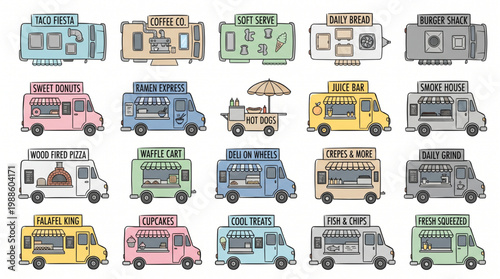 Diverse collection of twenty hand-drawn food truck illustrations featuring cuisines like tacos, pizza, ramen, coffee, and donuts for catering services