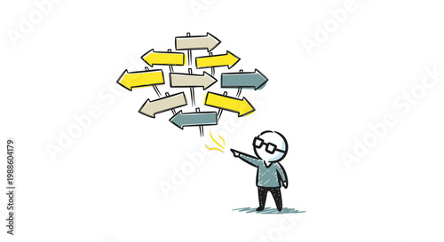 A cartoon man with confused thoughts and many arrows.