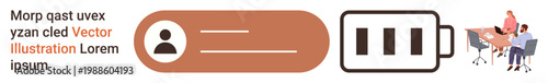 Business productivity, collaboration, energy levels, user identification, teamwork, workflow management. Icon of person with lines, battery icon and people at desk. Business productivity