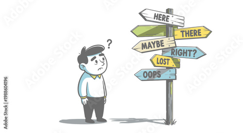 A cartoon man looking confused at a signpost.