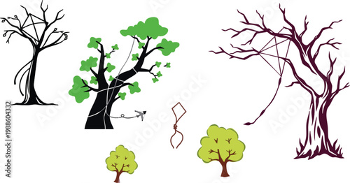 Vector Icon of a Kite Tangled in Tree, Outline Style, Minimal, White Background