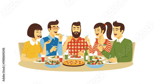 Group of diverse people enjoying meal together at table illustration
