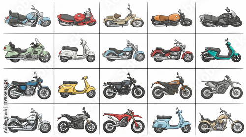 Comprehensive collection of various motorcycle types including cruisers, sport bikes, scooters, mopeds, and dirt bikes, set against a white background