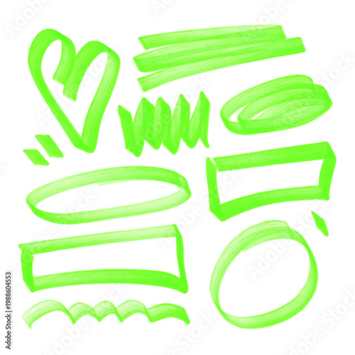 Green marker doodles set. Hand drawn neon highlighter heart, underlines and rough brush strokes. Imperfect retro sketch shapes for notes, planner. Isolated vector elements