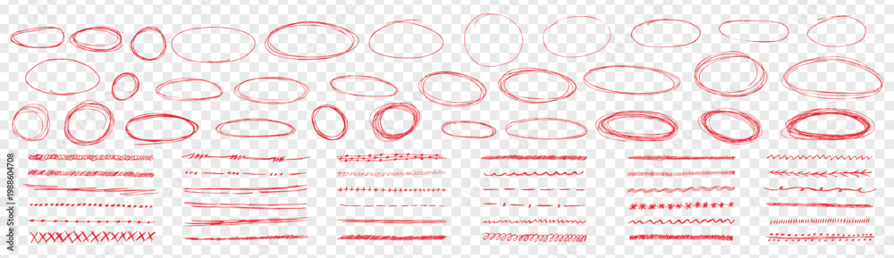 Fototapeta premium Red pen strokes round circle underline shapes plus hand drawn doodle arrows. Rough doodles encircle notes with strike accents. Vector kit for highlight text on like transparent png background