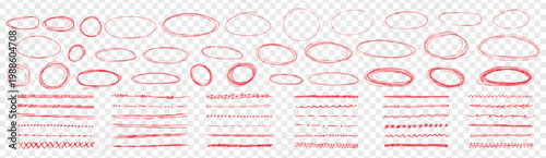 Red pen strokes round circle underline shapes plus hand drawn doodle arrows. Rough doodles encircle notes with strike accents. Vector kit for highlight text on like transparent png background