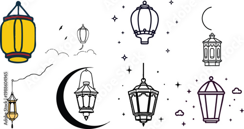 Vector Icon of a Lantern Floating in Sky, Outline Style, Minimal, White Background