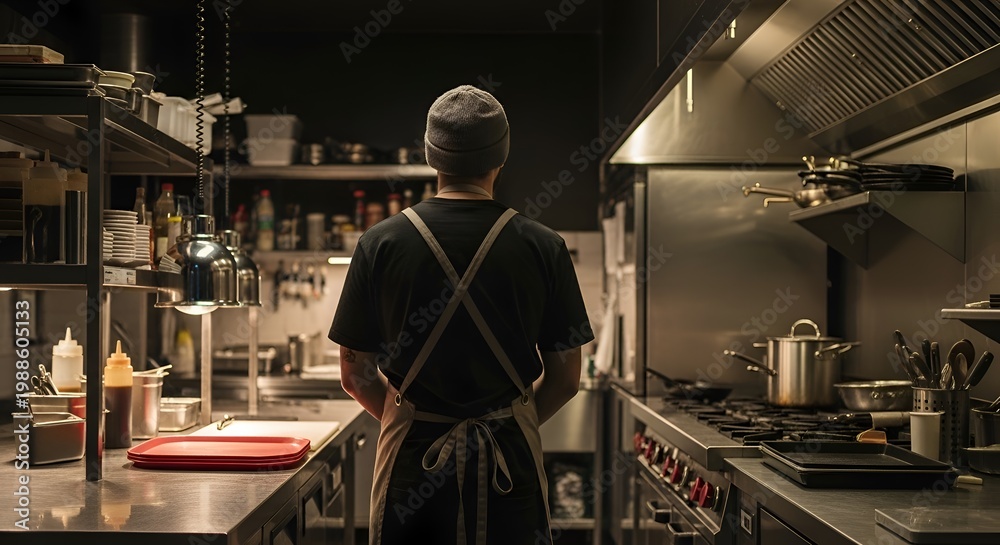Obraz premium A chef in a black uniform and hat prepares dishes in a modern kitchen white chef hat cooking