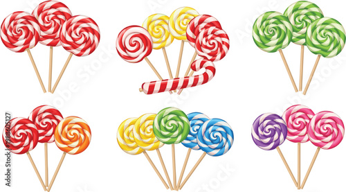 Assorted colorful swirl lollipops on wooden sticks against a white background