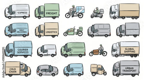 Vector collection of delivery vehicles like trucks, vans, cargo bikes and scooters for logistics, shipping, and courier service industry illustrations.