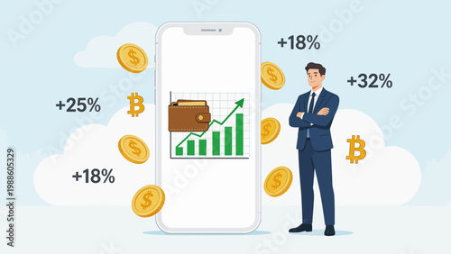 Man with smartphone showing financial growth