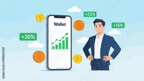 Man with smartphone showing financial growth