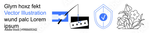 Cybersecurity, phishing threats, online protection, data safety, identity theft prevention, graphic design. A fishing hook catching a password, shield icon and floral design. Cybersecurity