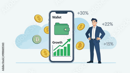 Man with smartphone showing wallet growth