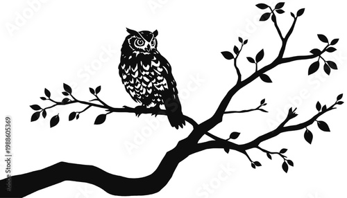 Detailed owl perched on a tree branch with leaves silhouette realistic wildlife illustration isolated on clean background