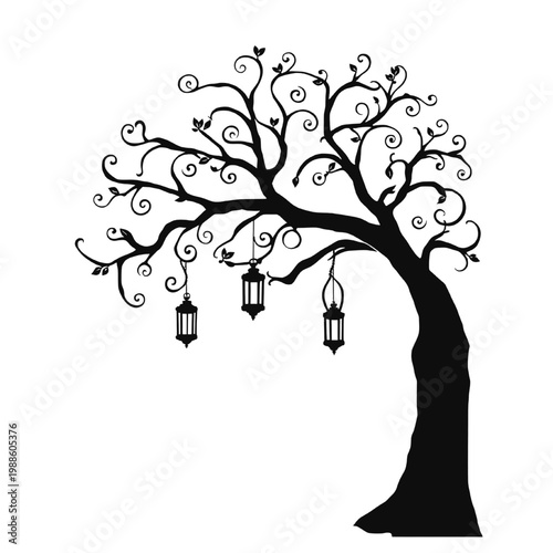 Stylized tree silhouette with curved branches and hanging lanterns minimal decorative nature illustration isolated on clean background