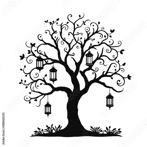 Decorative tree silhouette with intricate swirling branches and hanging lanterns creating a whimsical fantasy nature design ideal for ornamental and artistic use