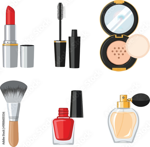 Comprehensive Cosmetic Beauty Kit Containing Vibrant Red Lipstick Mascara Brush Compact Powder Case With Mirror Soft Makeup Applicator Bottle Of Bright Nail Polish And Elegant Fragrance Perfume