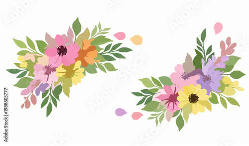 Delicate watercolor floral vector with two pastel flower arrangements and soft botanical elements