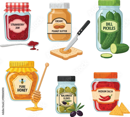 Gourmet food collection set featuring jars of strawberry jam creamy peanut butter dill pickles raw honey kalamata olives and spicy salsa isolated on white background with kitchen tools