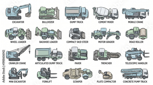Comprehensive collection of heavy construction equipment illustrations including excavator, bulldozer, and crane for industrial worksite and projects.