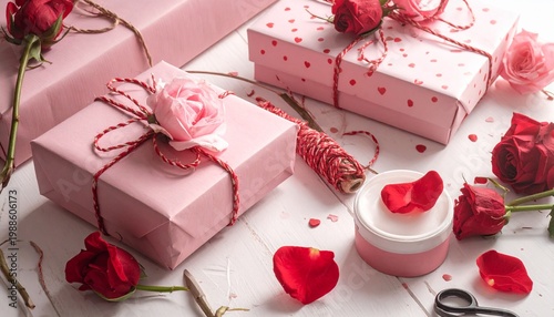 Elegant Pink Gift Boxes and Rose Petals for Valentines Day.