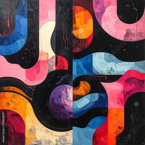 A vibrant geometric composition featuring abstract shapes and colorful gradients against a dark, speckled background