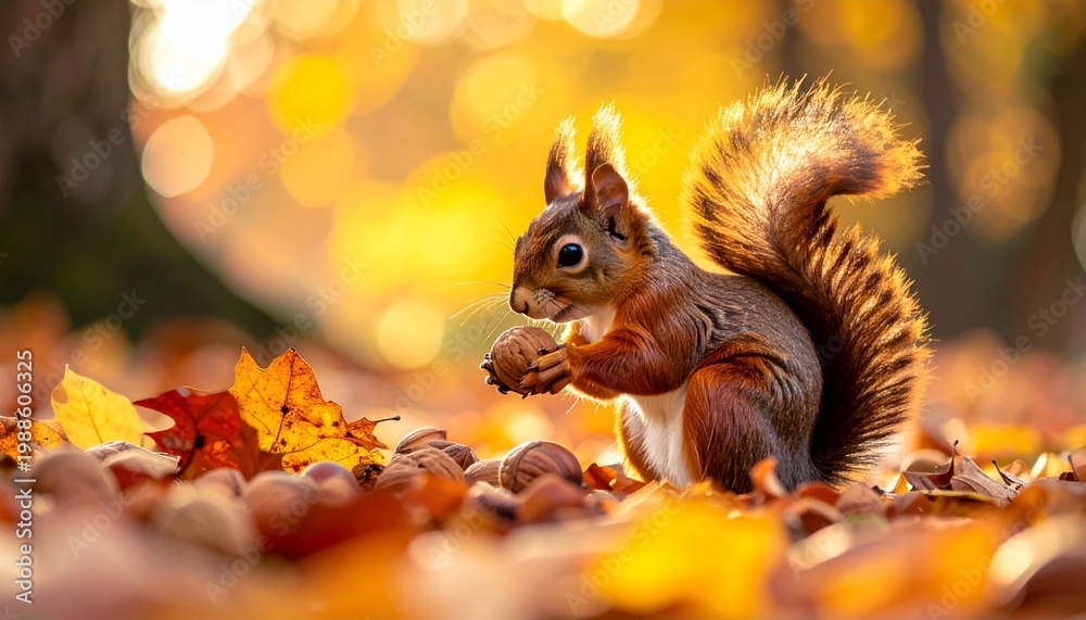 Obraz premium Squirrel enjoying a nut amidst autumn leaves in golden light.