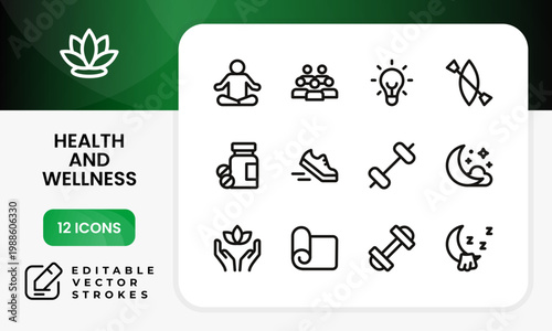 Health and wellness icon set. This modern health and wellness minimal line icon collection features hearts and pulses to represent cardio health.