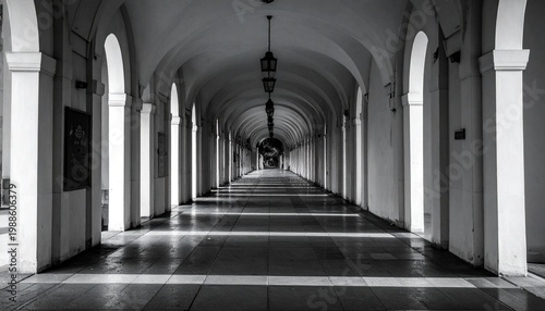 Monochrome perspective of a long arched colonnade with light and shadow.