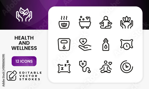 Health and wellness icon set. A modern health and wellness flat line icon pack illustrates stethoscopes and clinical tools for medical service.