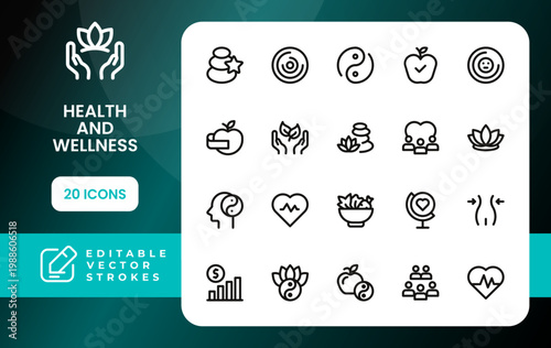 Health and wellness icon set. Professional health and wellness sleek line icon bundle includes leaf and spa symbols for natural therapy care.