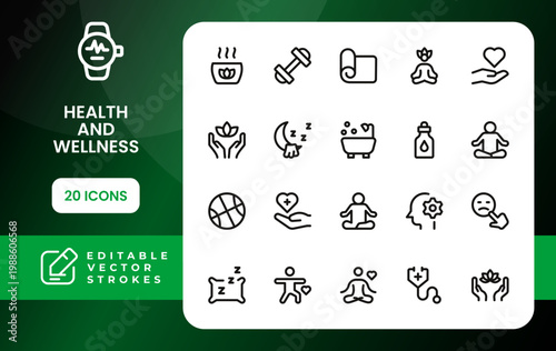 Health and wellness icon set. Modern health and wellness simple line icon bundle features sun and skin graphics to represent outdoor safety.