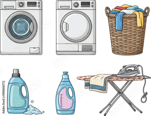 Household laundry room appliances and cleaning supplies set featuring a washing machine dryer wicker basket with colorful clothes liquid detergent fabric softener and ironing board kit
